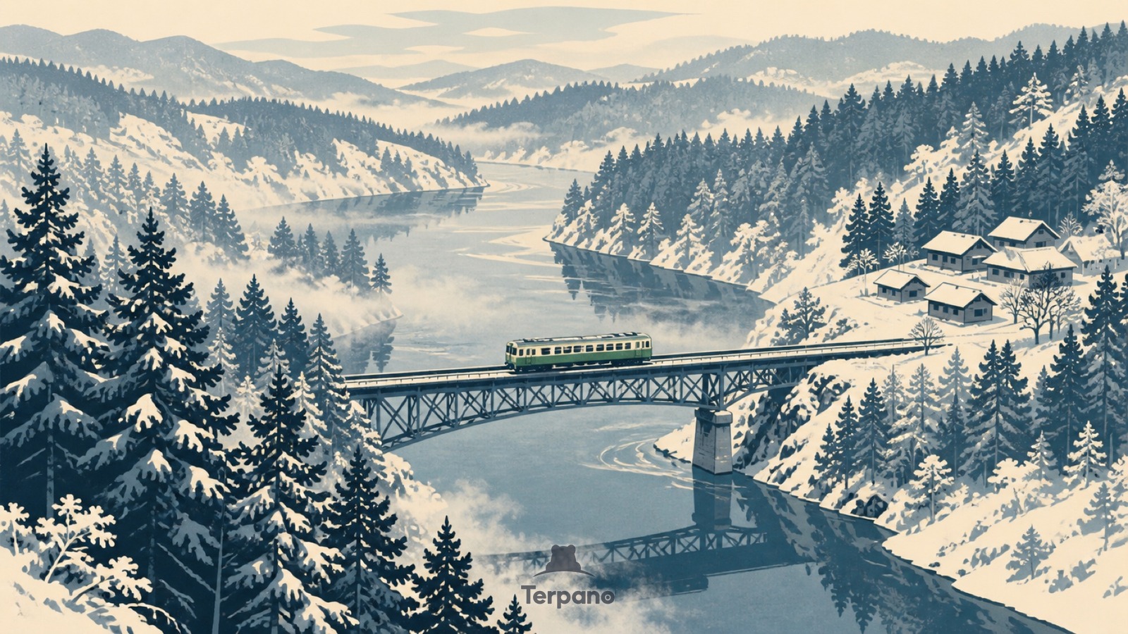 Einzelwagen in einem verschneiten Flusstal — Originalillustration von Tadami-Flusstal, Japan