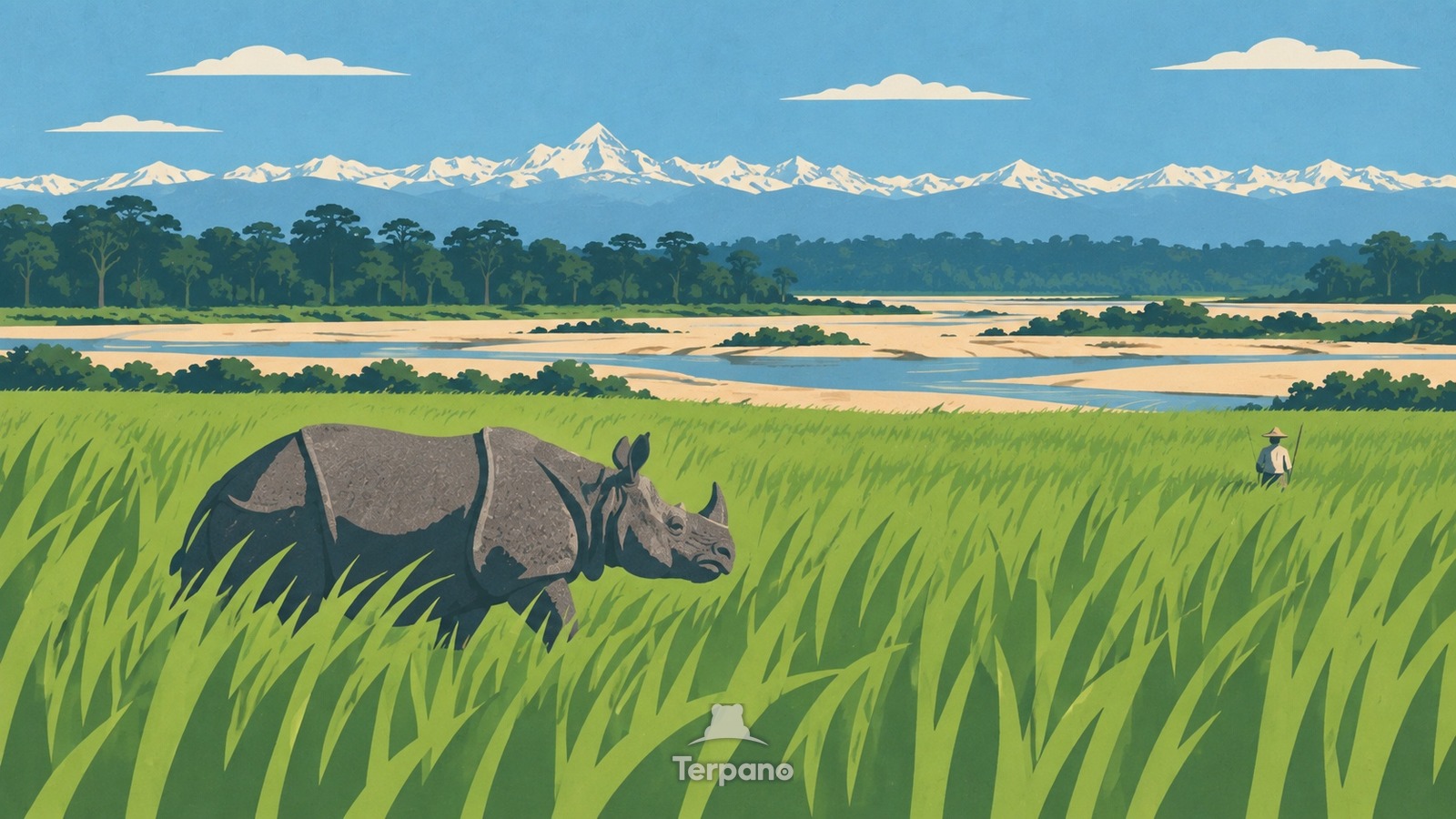 A Rhino beneath a Distant Wall of Snow — original illustration of Chitwan Terai, Nepal