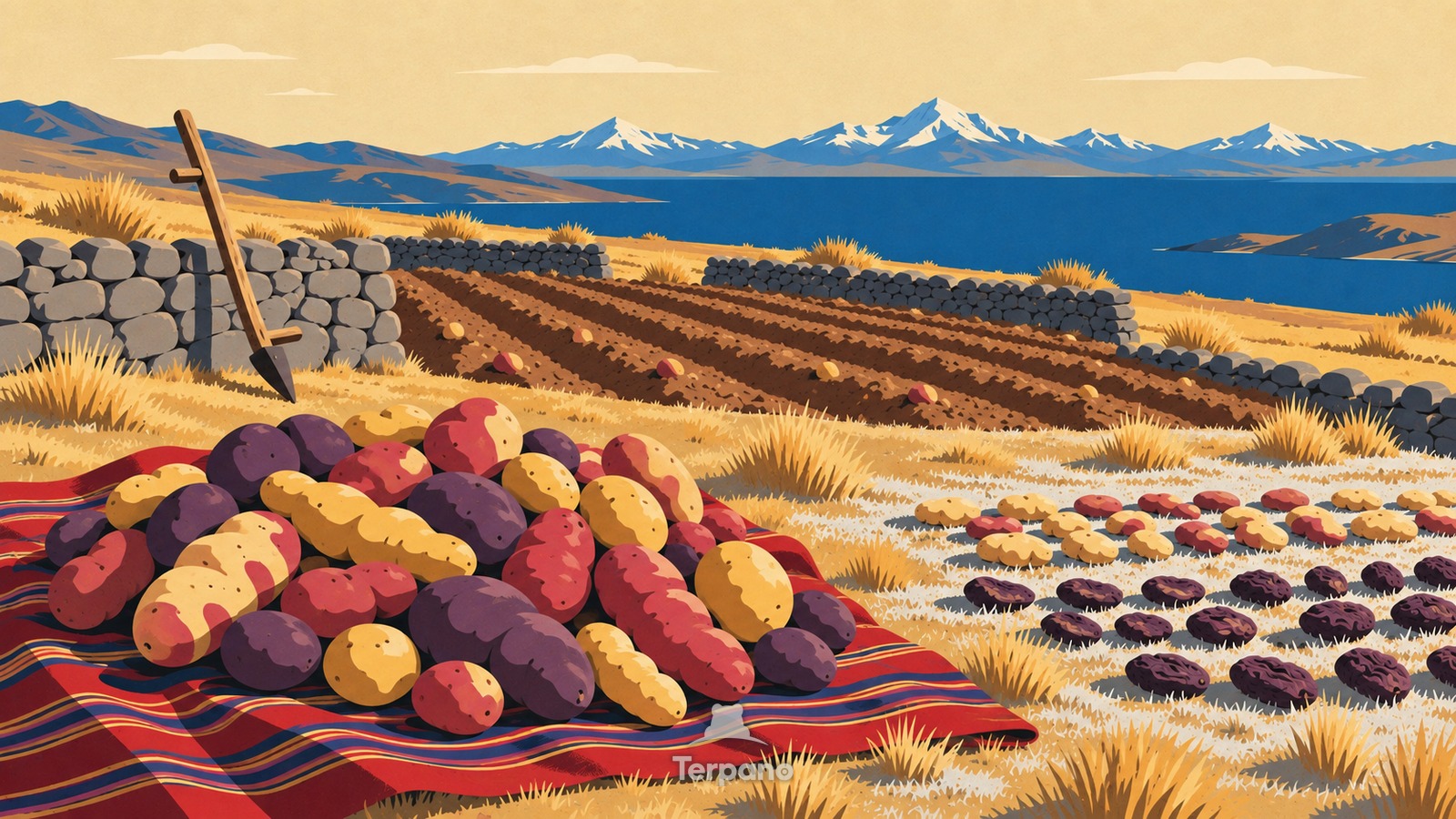 Patate native sulle rive delle alte Ande — illustrazione originale di Altopiano presso il lago Titicaca, Perù