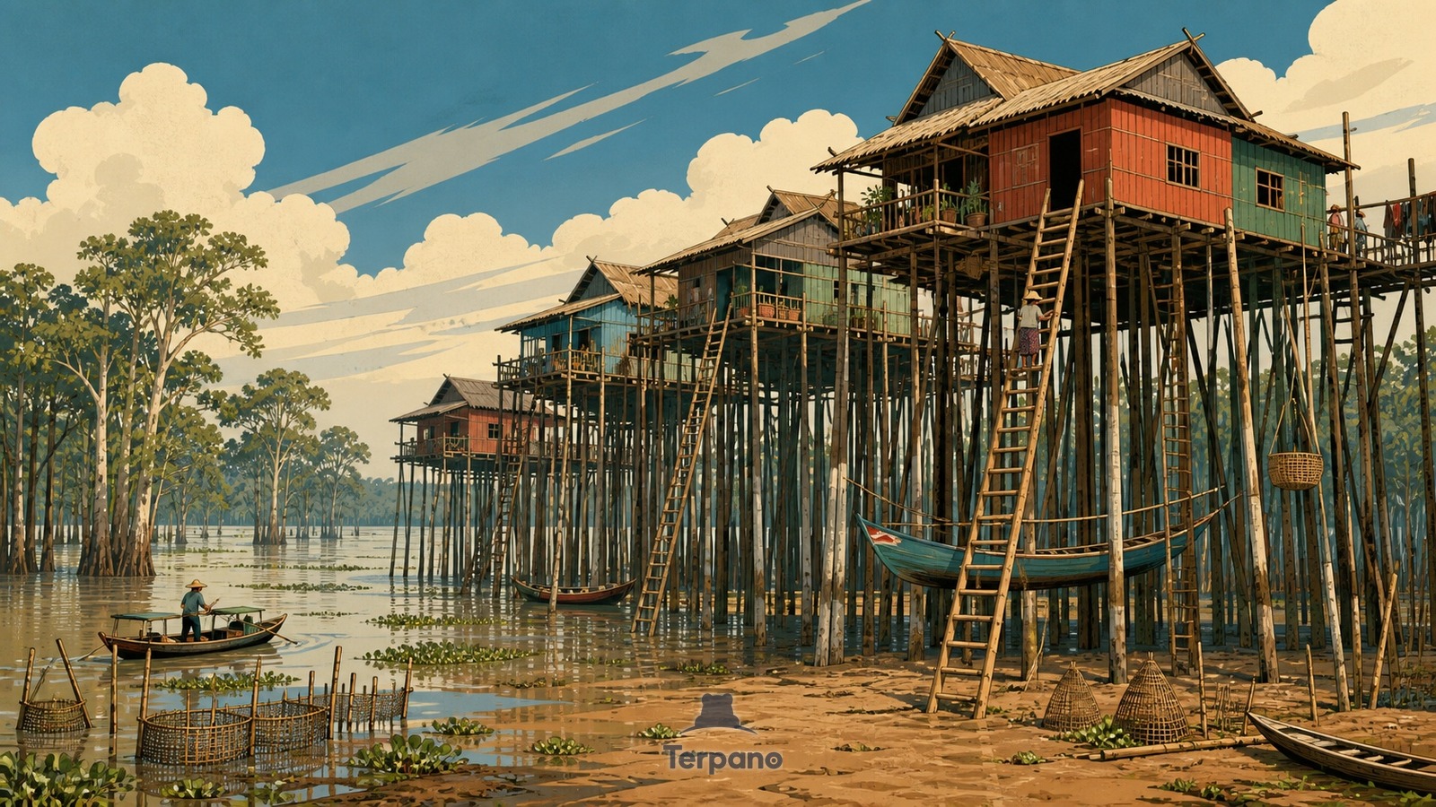 Villaggio su alte palafitte nella piana d'inondazione — illustrazione originale di Pianura alluvionale del Tonle Sap, Cambogia