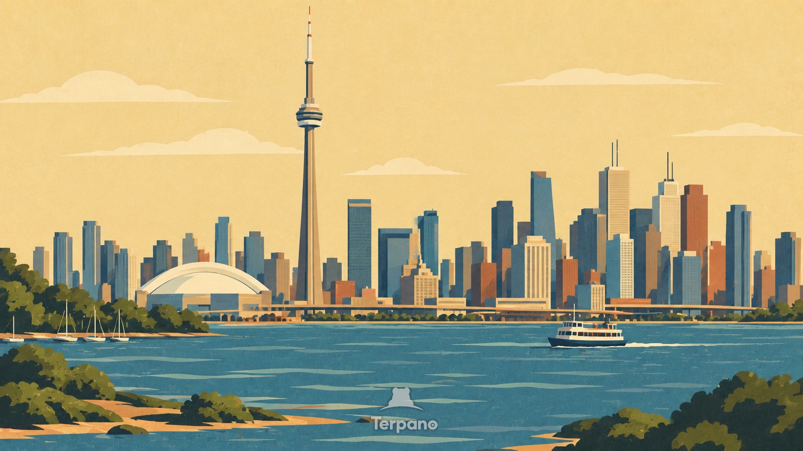 Der CN Tower über Torontos Seeufer — Originalillustration von CN-Tower-Ufer, Toronto, Kanada