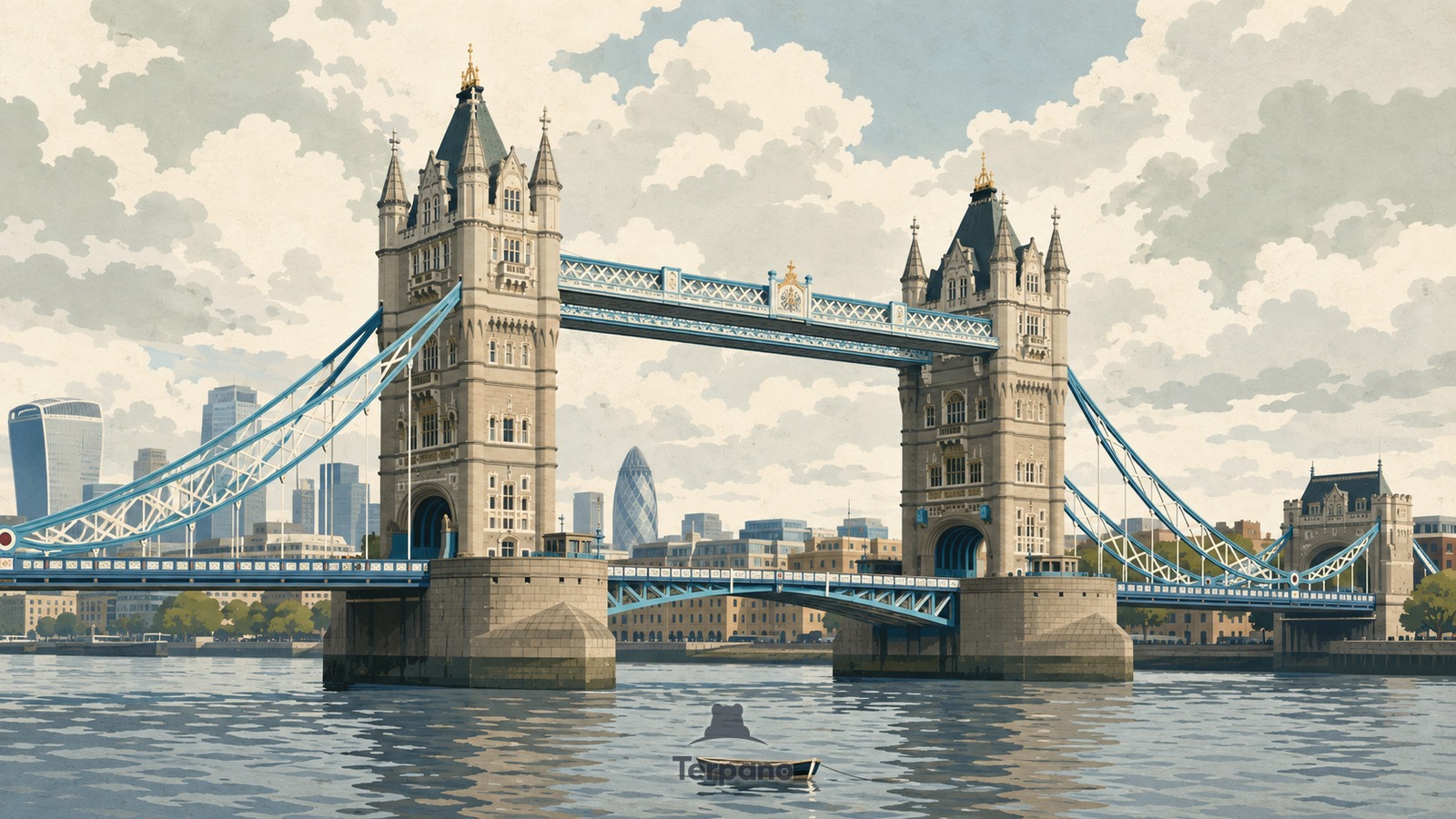 Twin Towers across the Thames — original illustration of Tower Bridge, London, United Kingdom