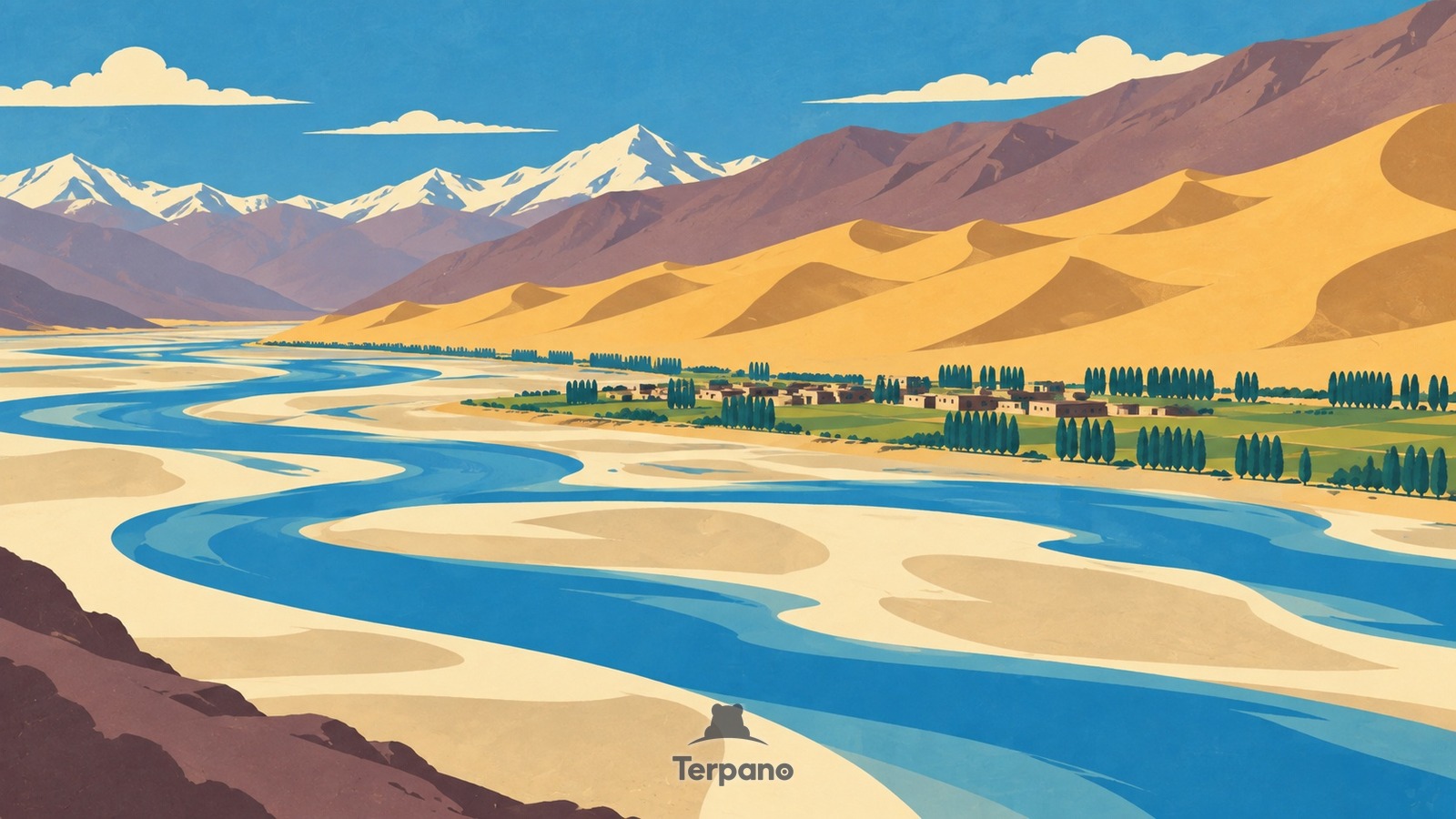 Kletterdünen neben einem verflochtenen Hochlandfluss — Originalillustration von Mittleres Yarlung-Tsangpo-Tal, Tibet, China