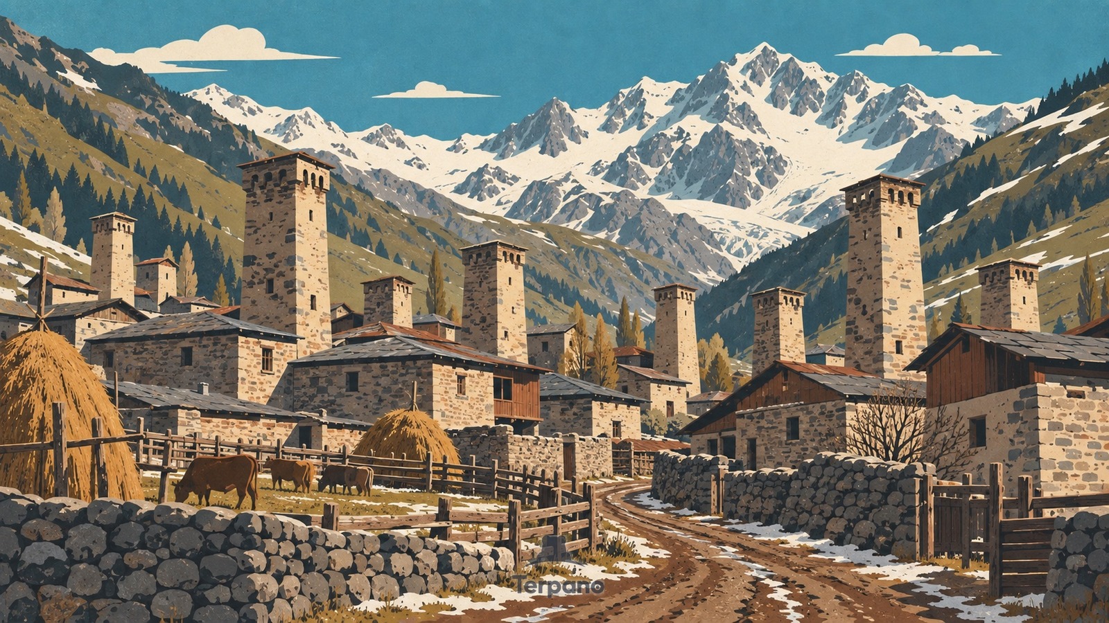 Torri di pietra sopra un villaggio alpino — illustrazione originale di Chazhashi, Alta Svanezia, Georgia