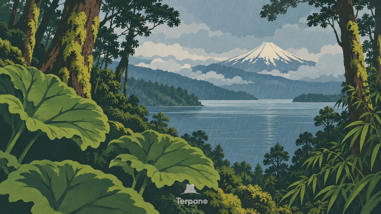 Giant Leaves in a Cool Southern Rainforest — original illustration of Valdivian Rainforest, Chile