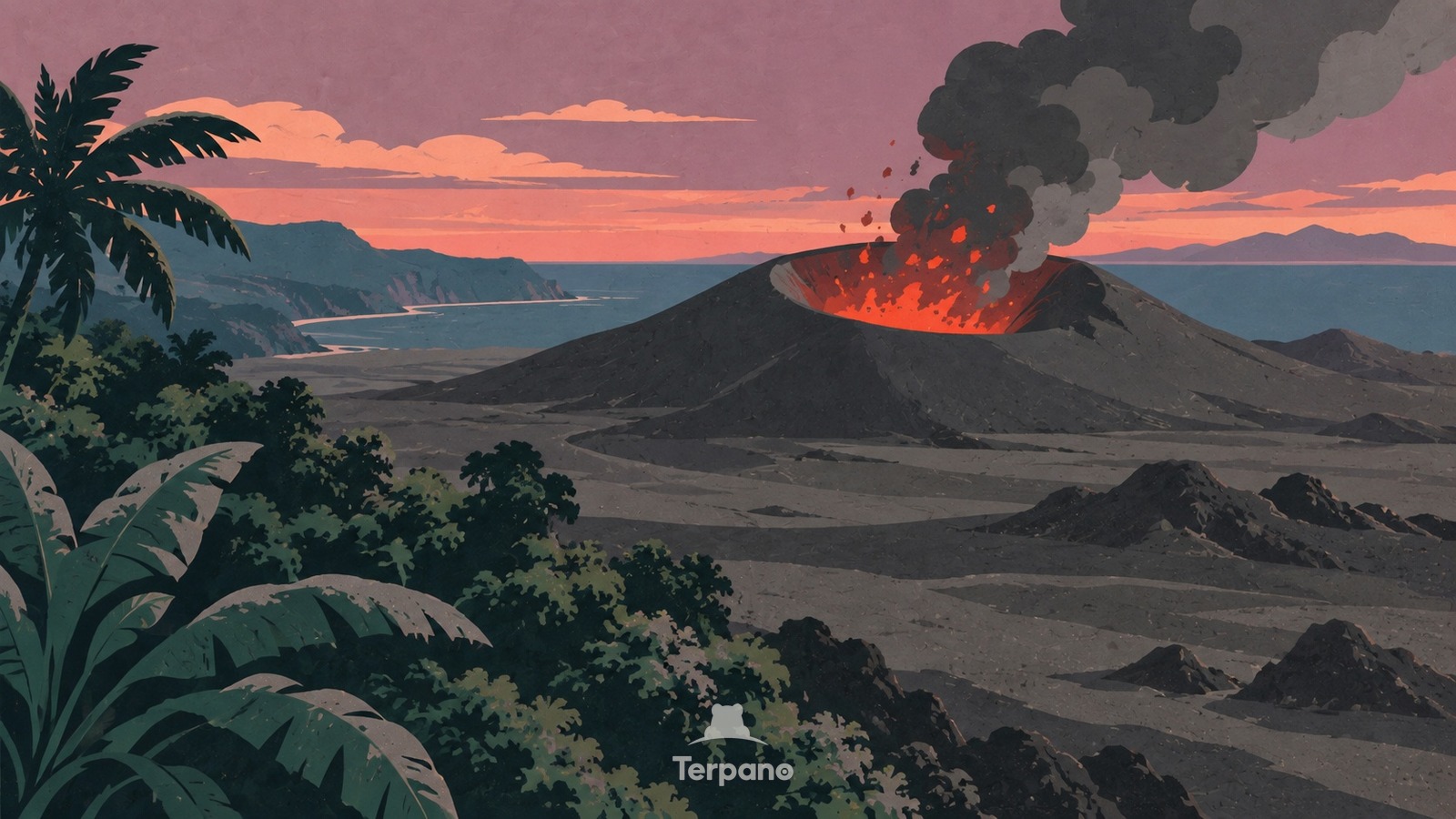 A Red Crater in a Tropical Ash Plain — original illustration of Mount Yasur, Tanna, Vanuatu