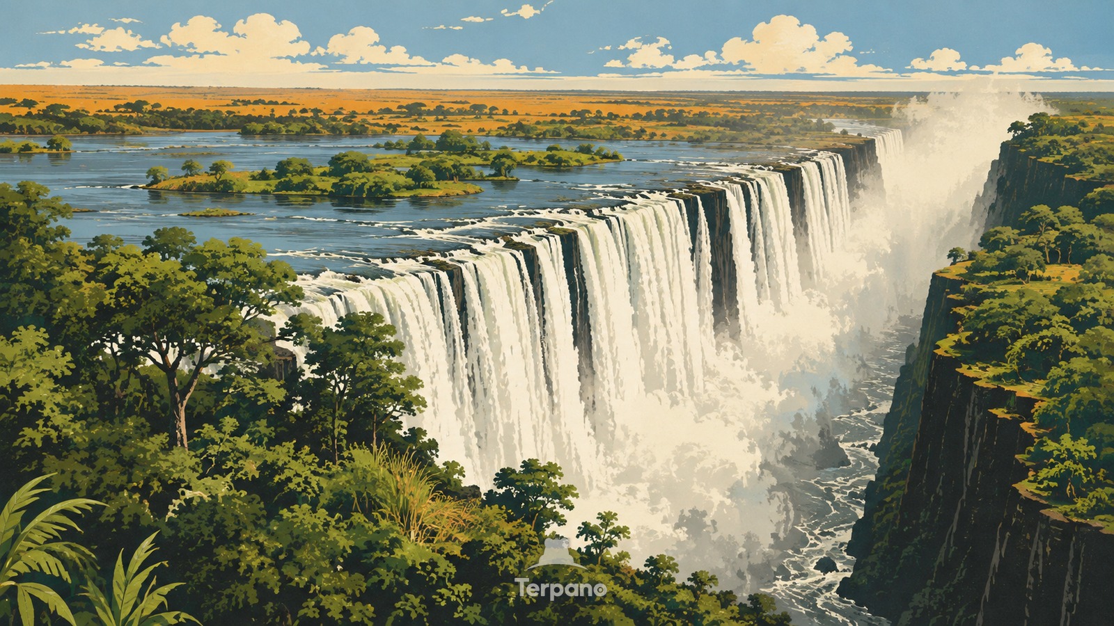 Victoria Falls across a Basalt Gorge — original illustration of Victoria Falls, Zambia/Zimbabwe