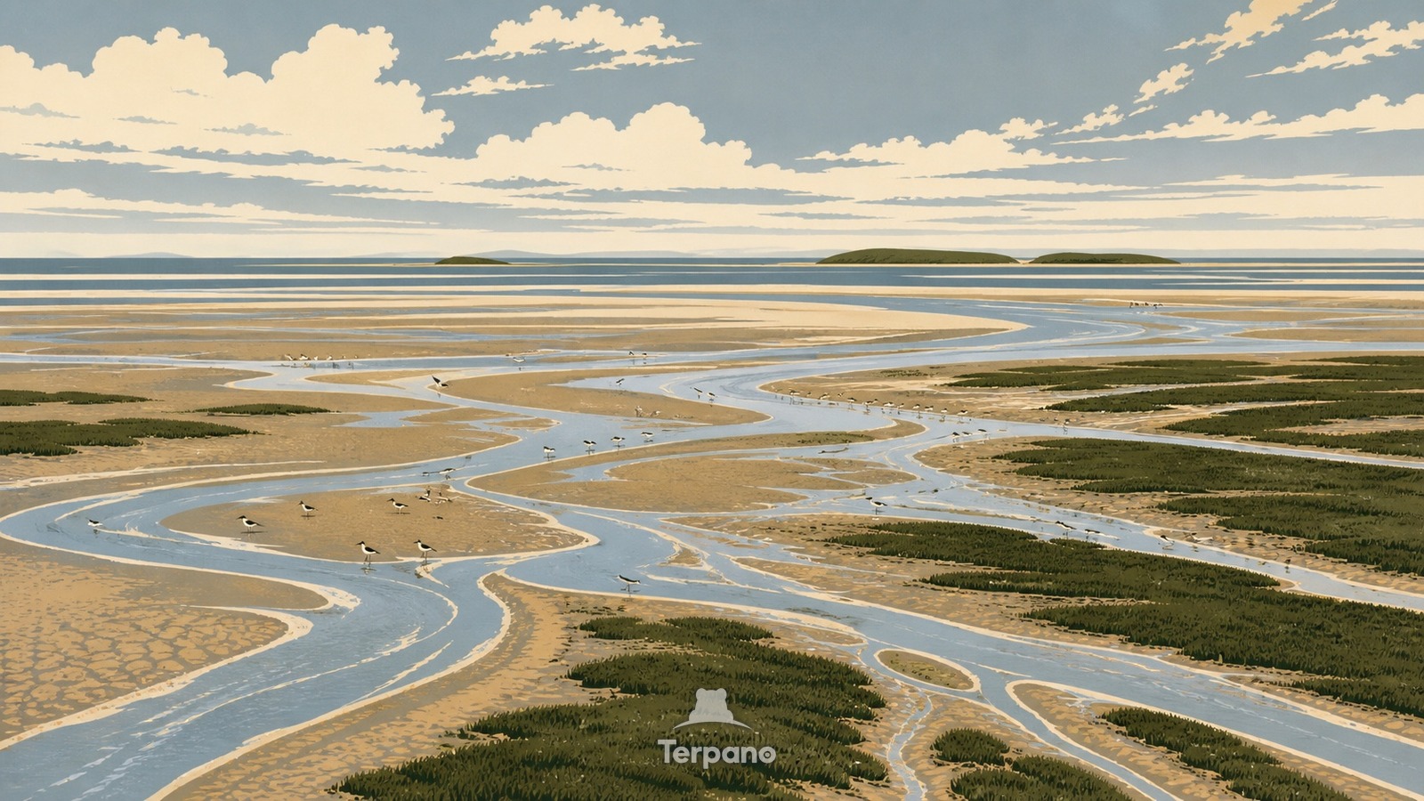 Priele bei Niedrigwasser — Originalillustration von Dänisches Wattenmeer, Dänemark