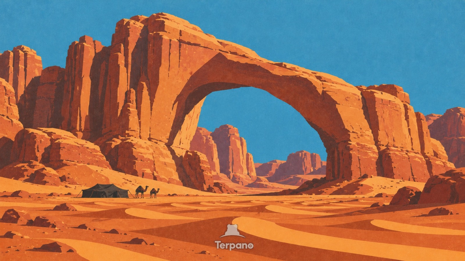 Sandsteinbogen über der roten Wüste des Wadi Rum — Originalillustration von Wadi Rum, Jordanien