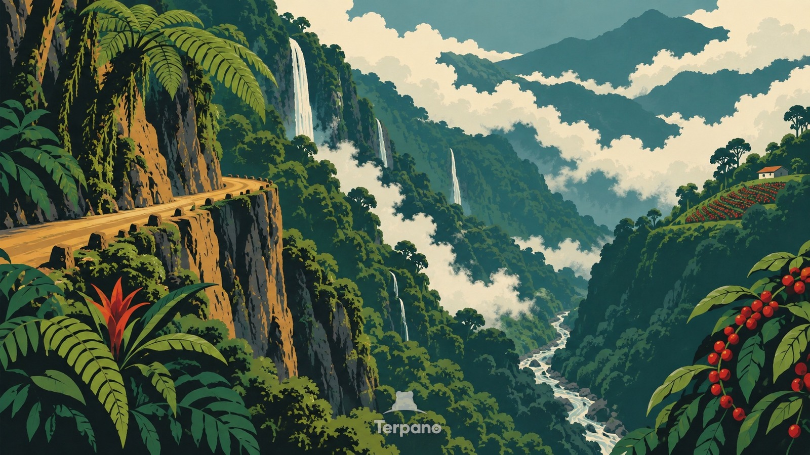 Foresta nebulosa sulla scarpata andina — illustrazione originale di Yungas della Bolivia