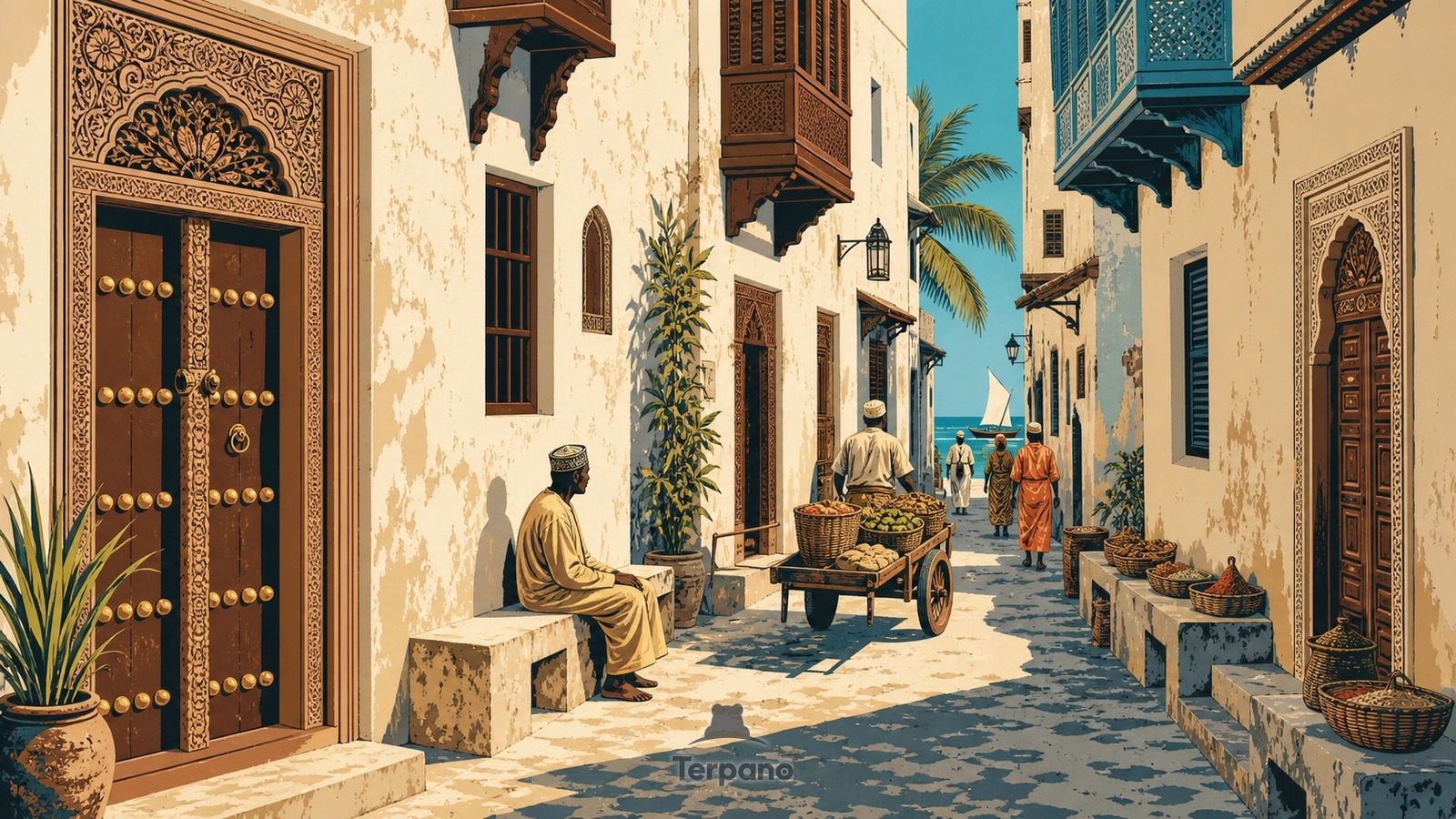 Coral-Stone Trading Alleys — original illustration of Stone Town, Zanzibar, Tanzania