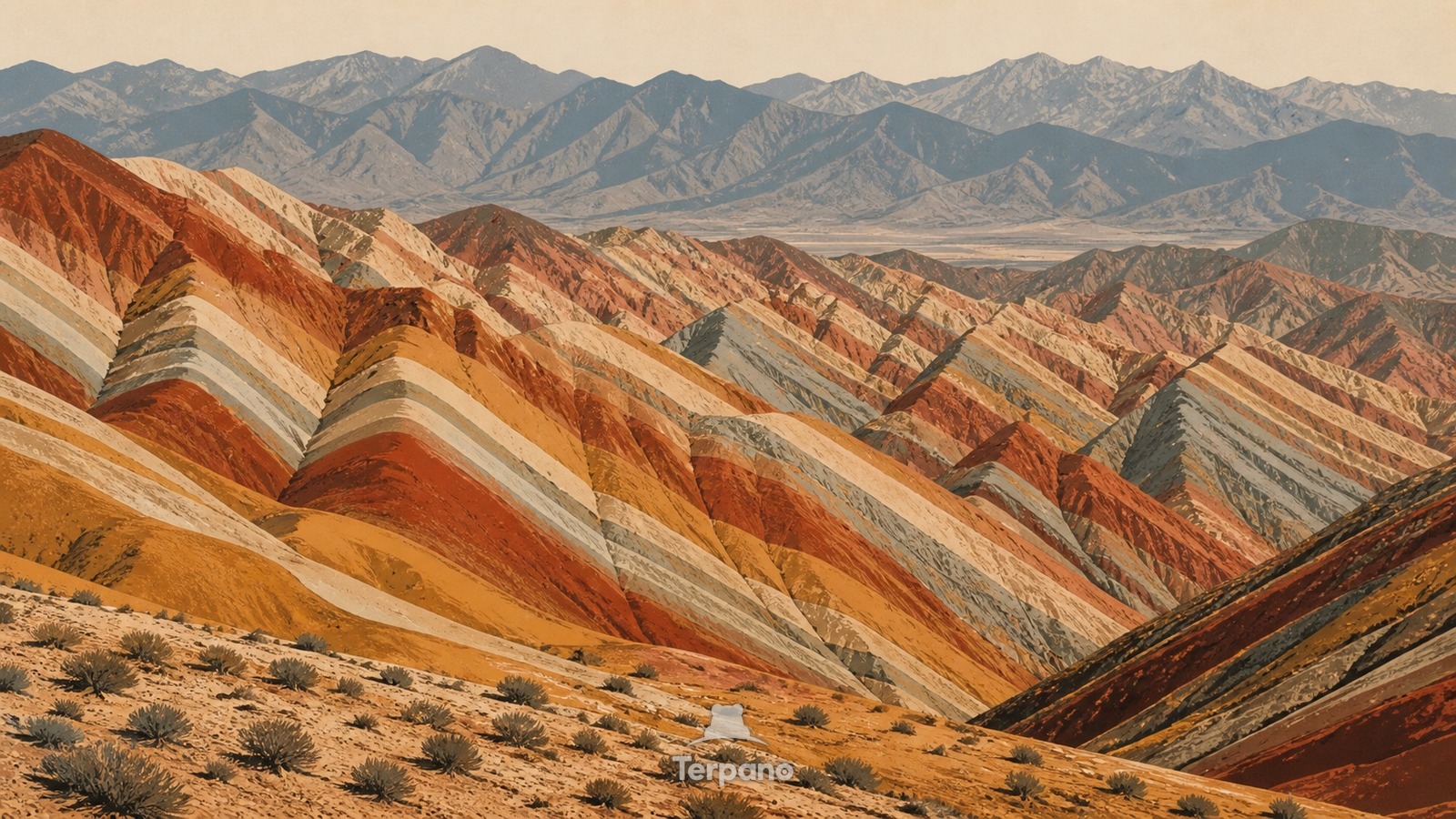 Tilted Rainbow Ridges — original illustration of Zhangye Danxia, Gansu, China