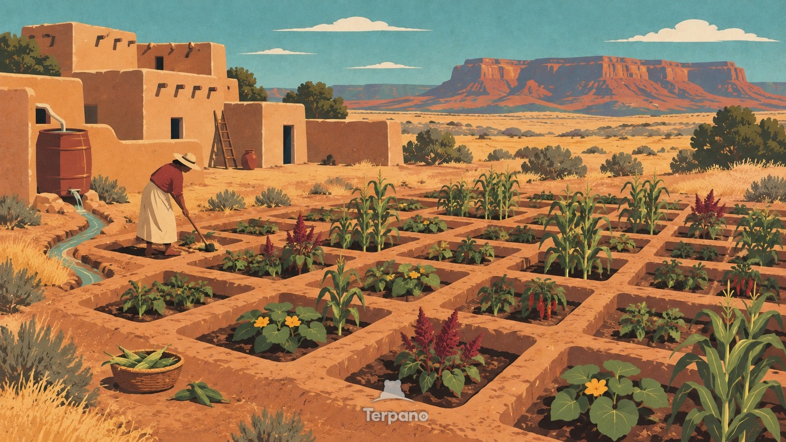 Sunken Waffle Gardens — original illustration of Zuni Pueblo, New Mexico, USA