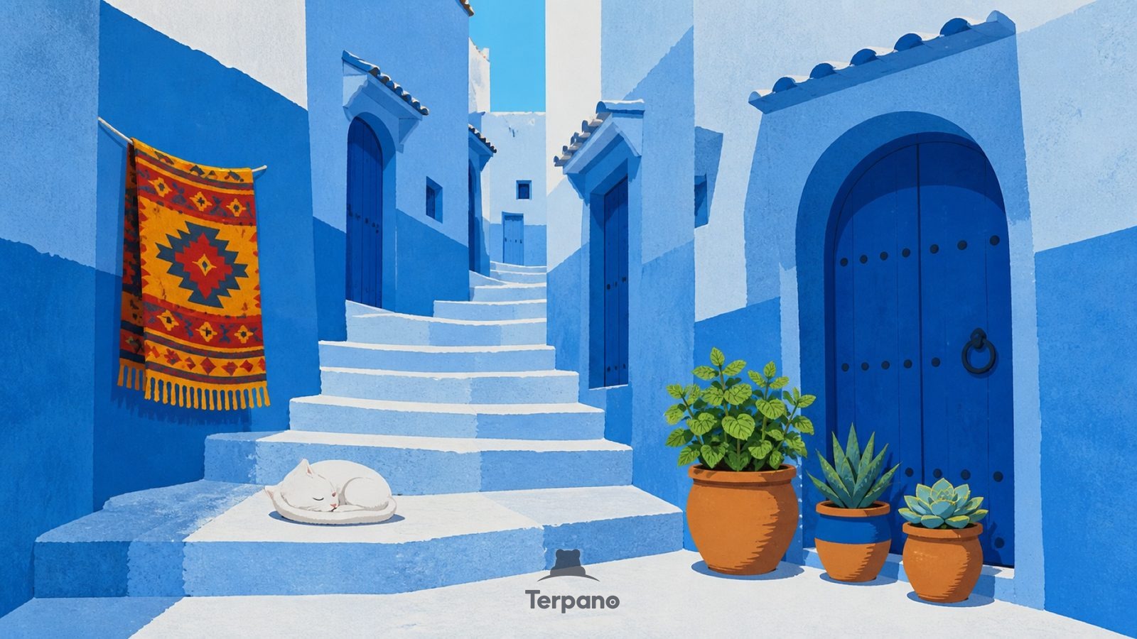 Blue-Washed Hill Town — original illustration of Rif Mountains, Morocco