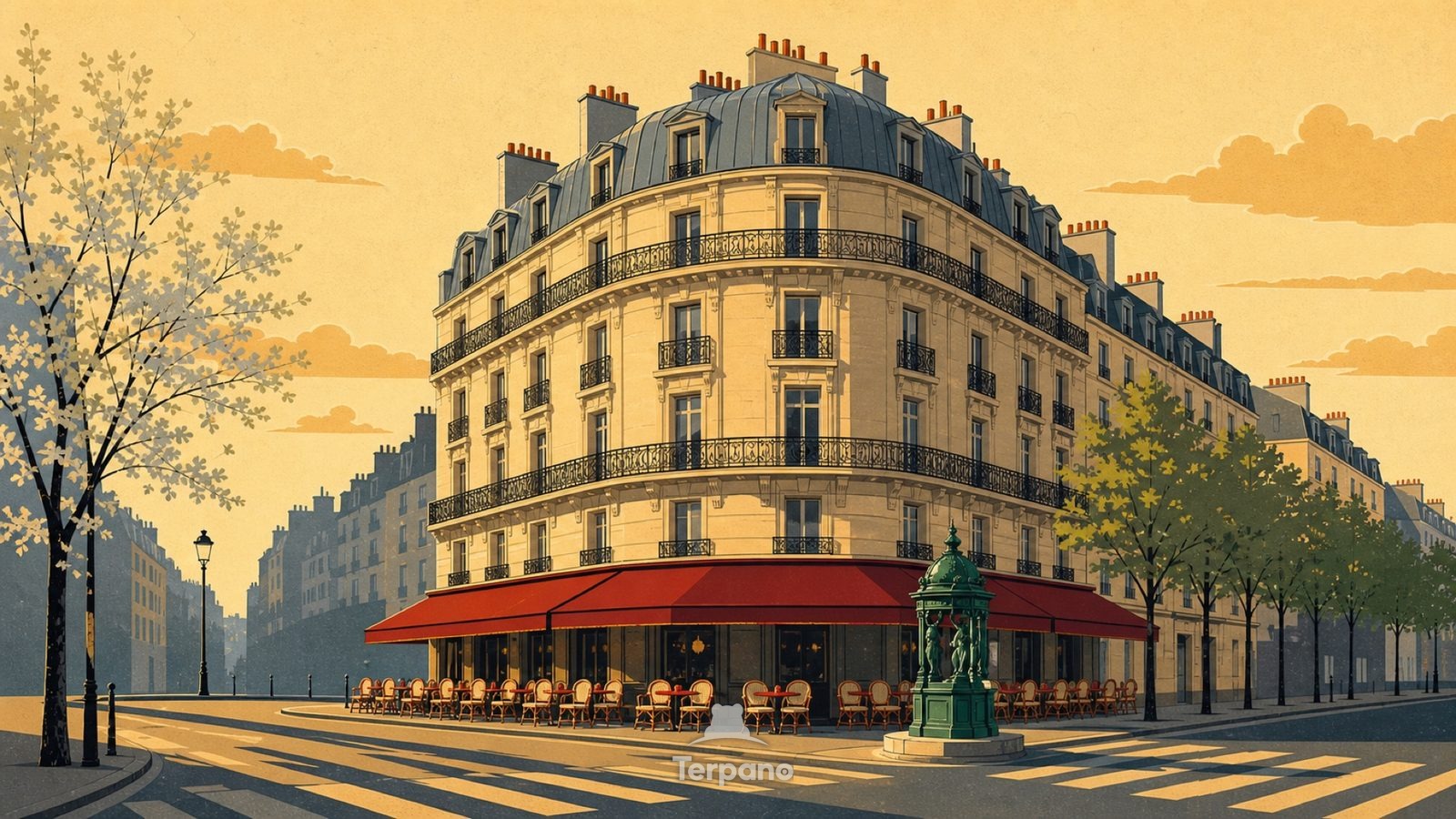 Caffè d'angolo sotto tetto di zinco — illustrazione originale di Parigi, Francia
