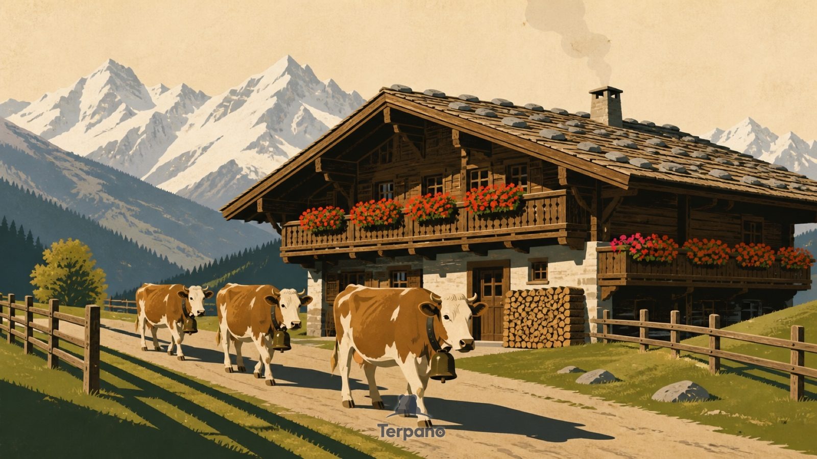 Alpenchalet mit tiefer Traufe — Originalillustration von Berner Alpen, Schweiz