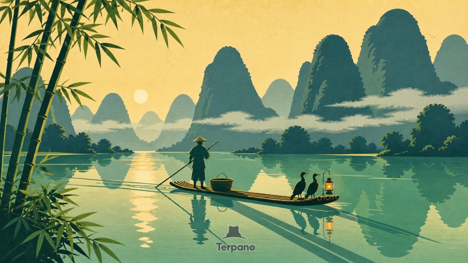 Cormorant Karst River — original illustration of Guangxi Karst Rivers, China