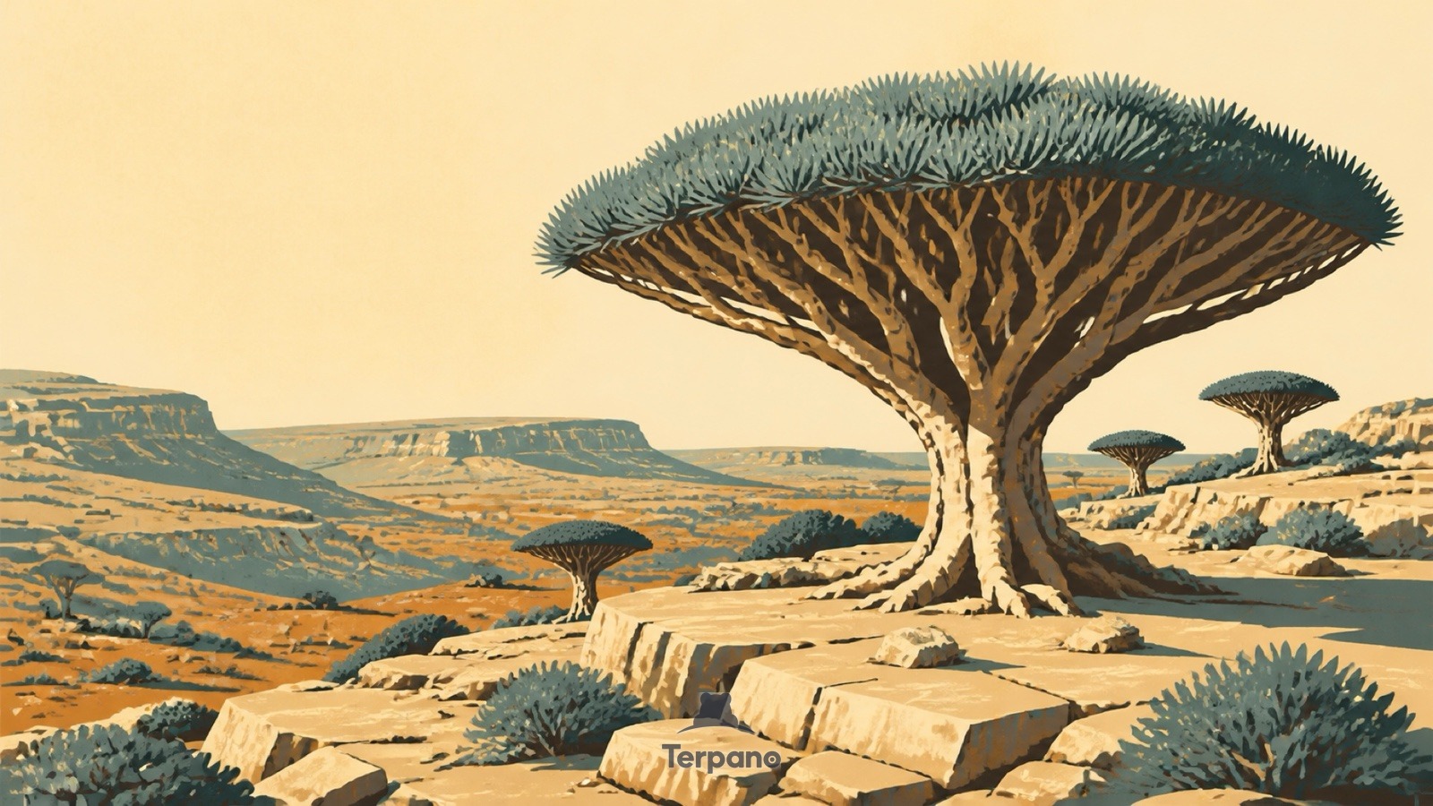 Dragon's Blood Trees — original illustration of Socotra Highlands, Yemen