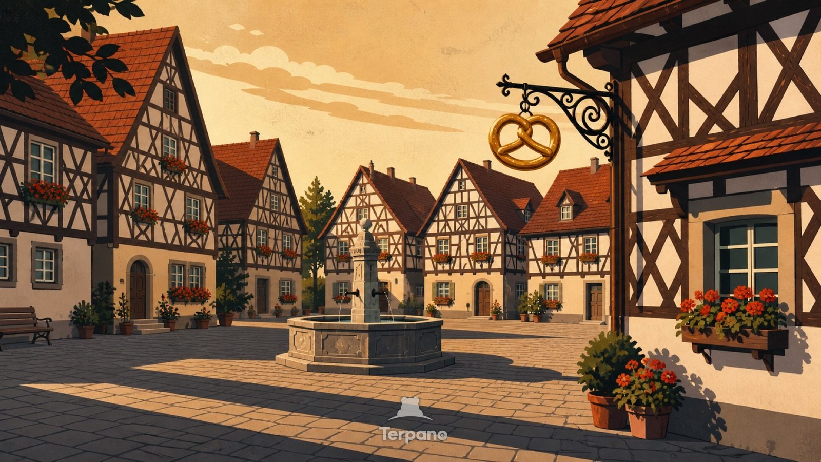 Half-Timbered Square — original illustration of Franconia, Germany