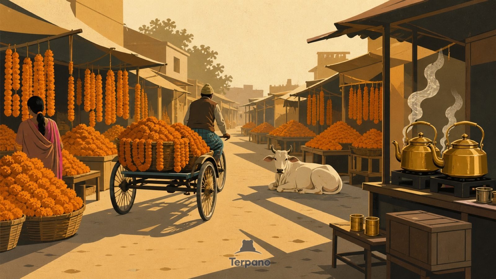 Morgendlicher Blumenmarkt — Originalillustration von Nordindische Tiefebene
