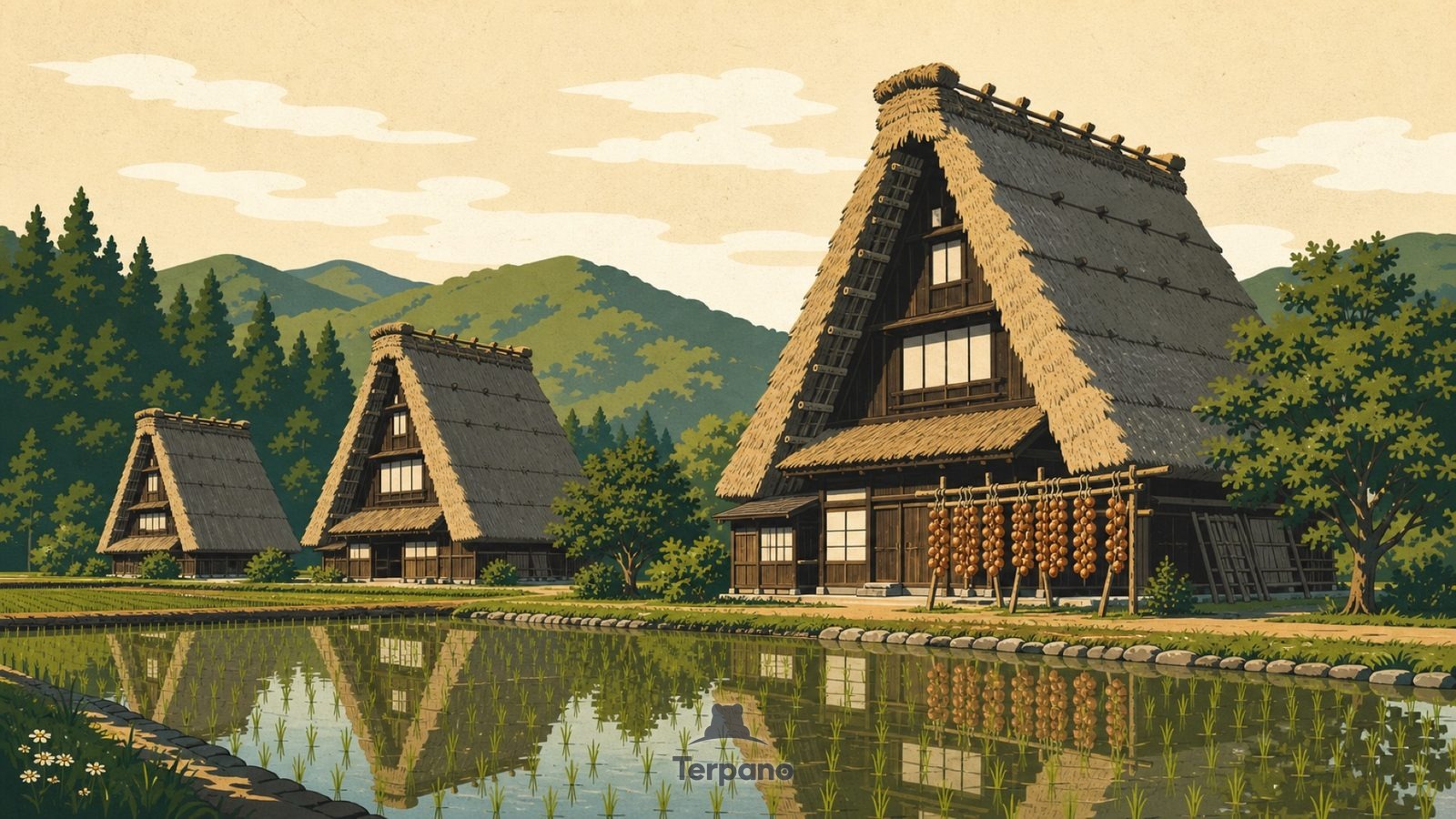 Steep Thatch Farmhouses — original illustration of Gifu Mountains, Japan