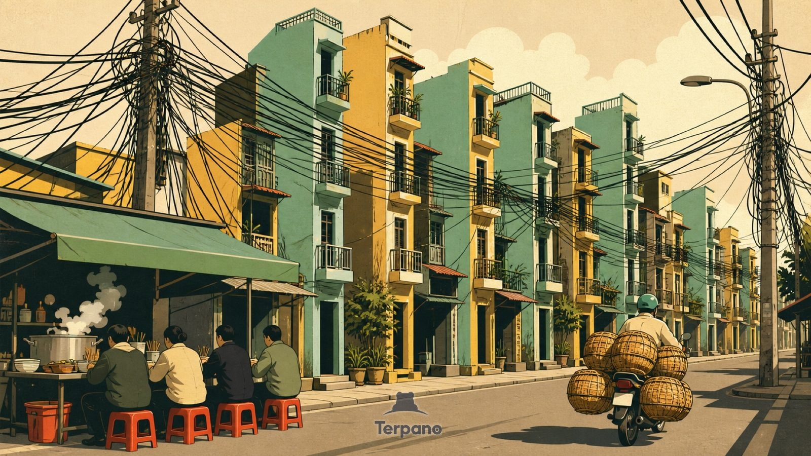 Tube Houses & Wire Falls — original illustration of Hanoi, Vietnam