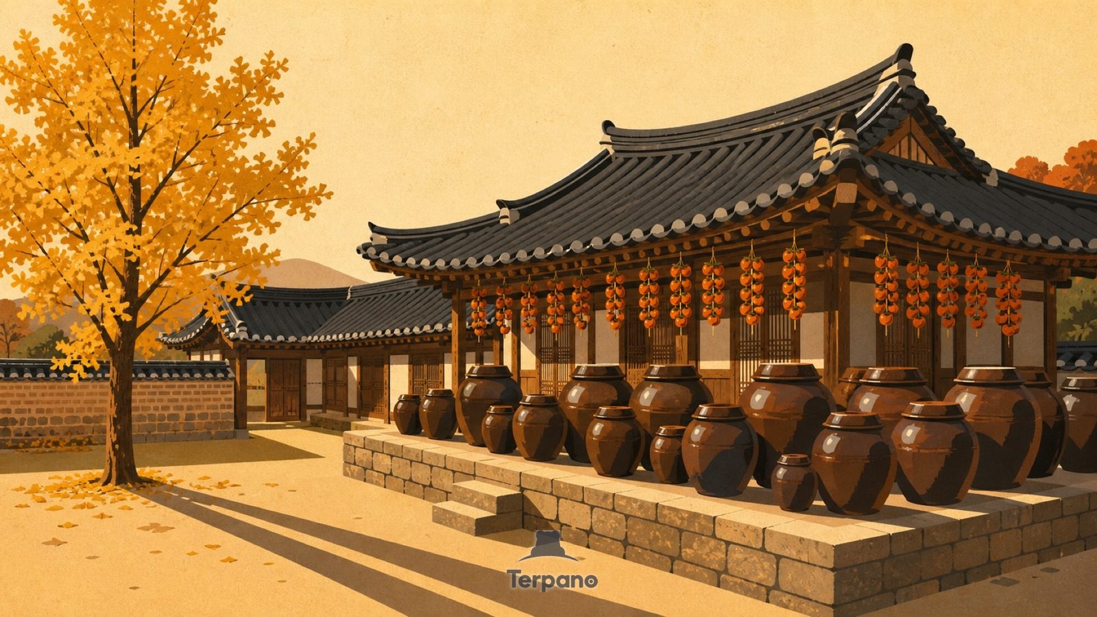 Curved-Eave Courtyard — original illustration of Central Korea