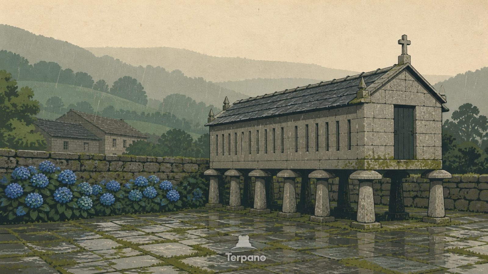 Stilted Granary Village — original illustration of Galicia, Spain