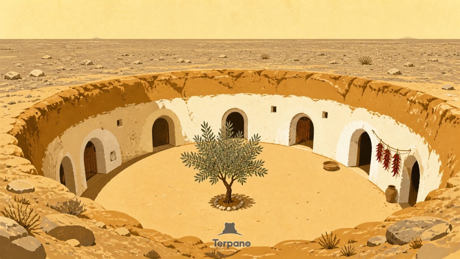Grubenhof-Behausungen — Originalillustration von Südtunesien