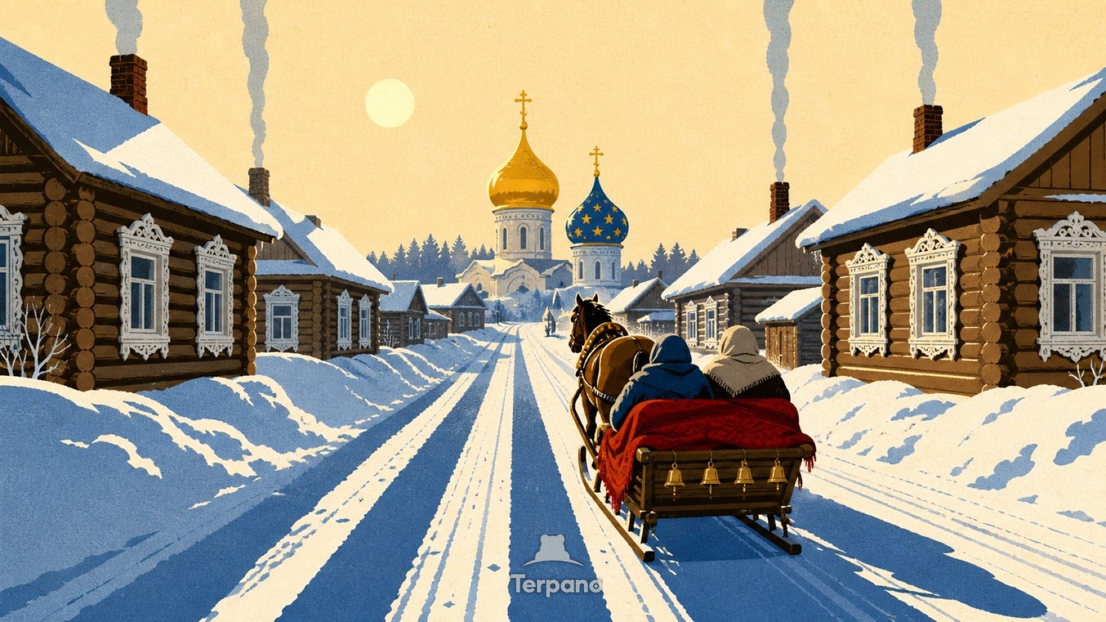 Cupole a cipolla nella neve — illustrazione originale di Anello d'Oro, Russia