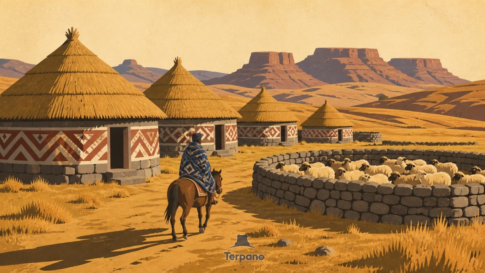 Painted Thatch Village — original illustration of Lesotho Highlands