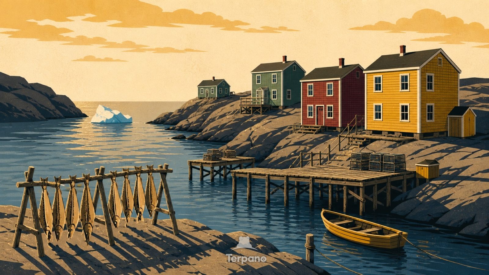 Puerto de casas saltbox de colores — ilustración original de Terranova, Canadá