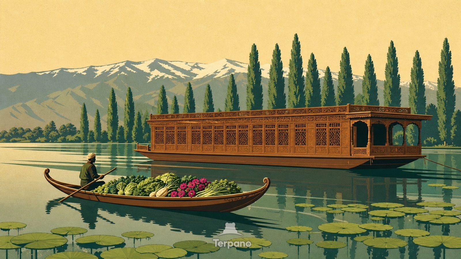 Carved Houseboat Lake — original illustration of Kashmir Valley