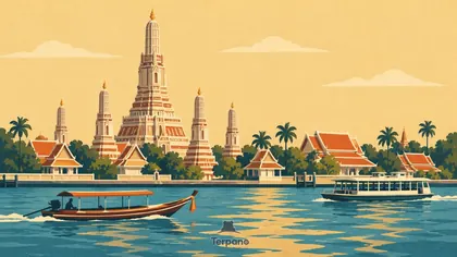Wat Arun au bord du trafic fluvial de Bangkok