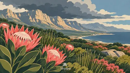 Proteas beneath a Sandstone Ridge