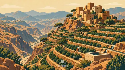 Coffee Terraces beneath a Cliff Village