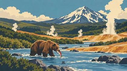 Bears and Geysers beneath a Snowy Volcano