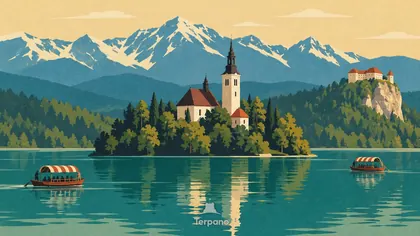L'île de l'église sous le château de Bled et les Alpes