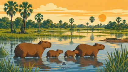 Capybaras in Flooded Grassland