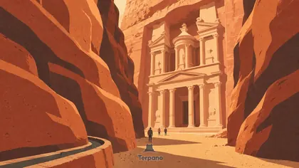 Une façade sculptée au bout du Siq de Pétra