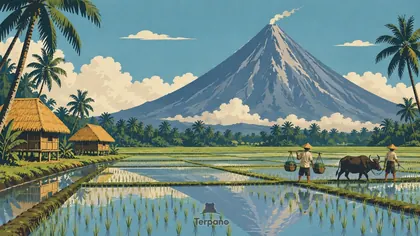 椰林與稻田之上的完美火山錐