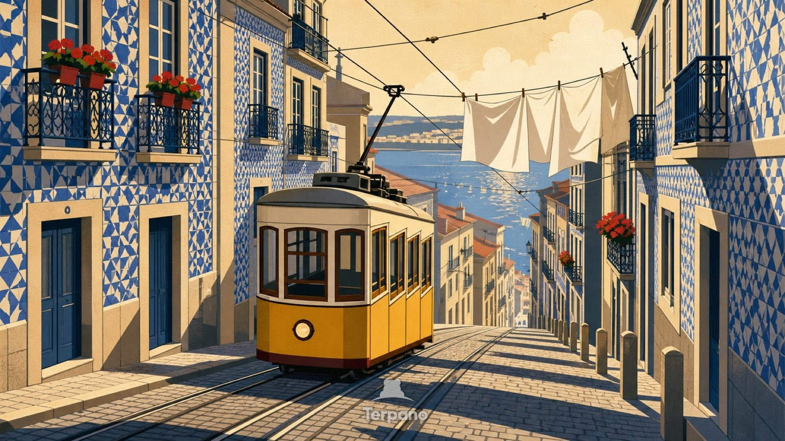 Tram on the Hill Lane — original illustration of Lisbon Hills, Portugal