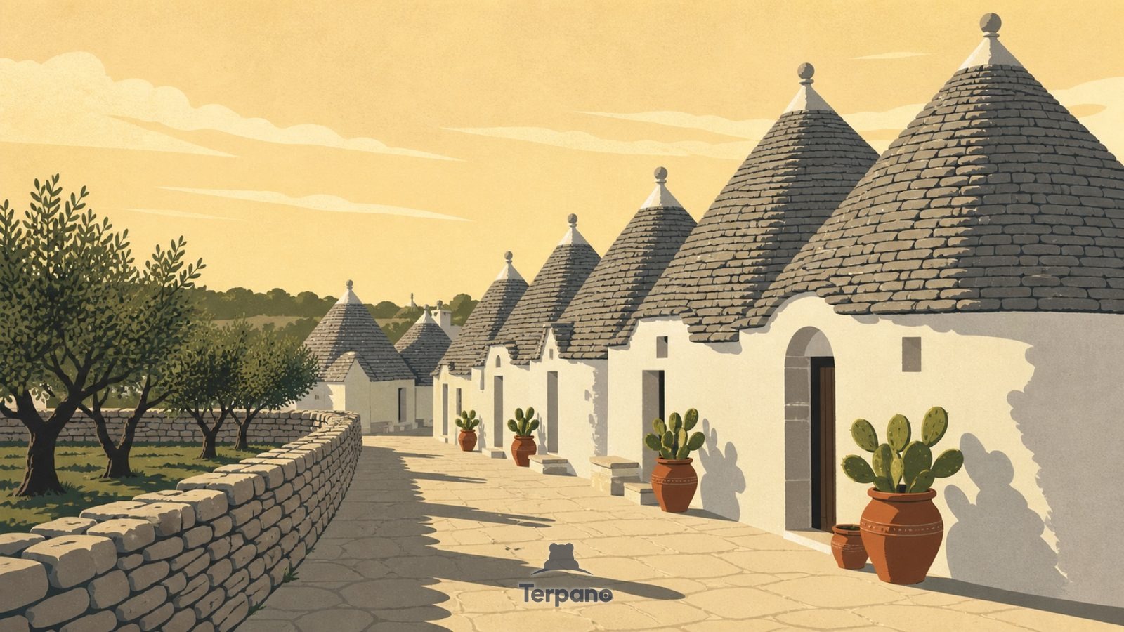 Cone-Roofed Stone Huts — original illustration of Puglia, Italy