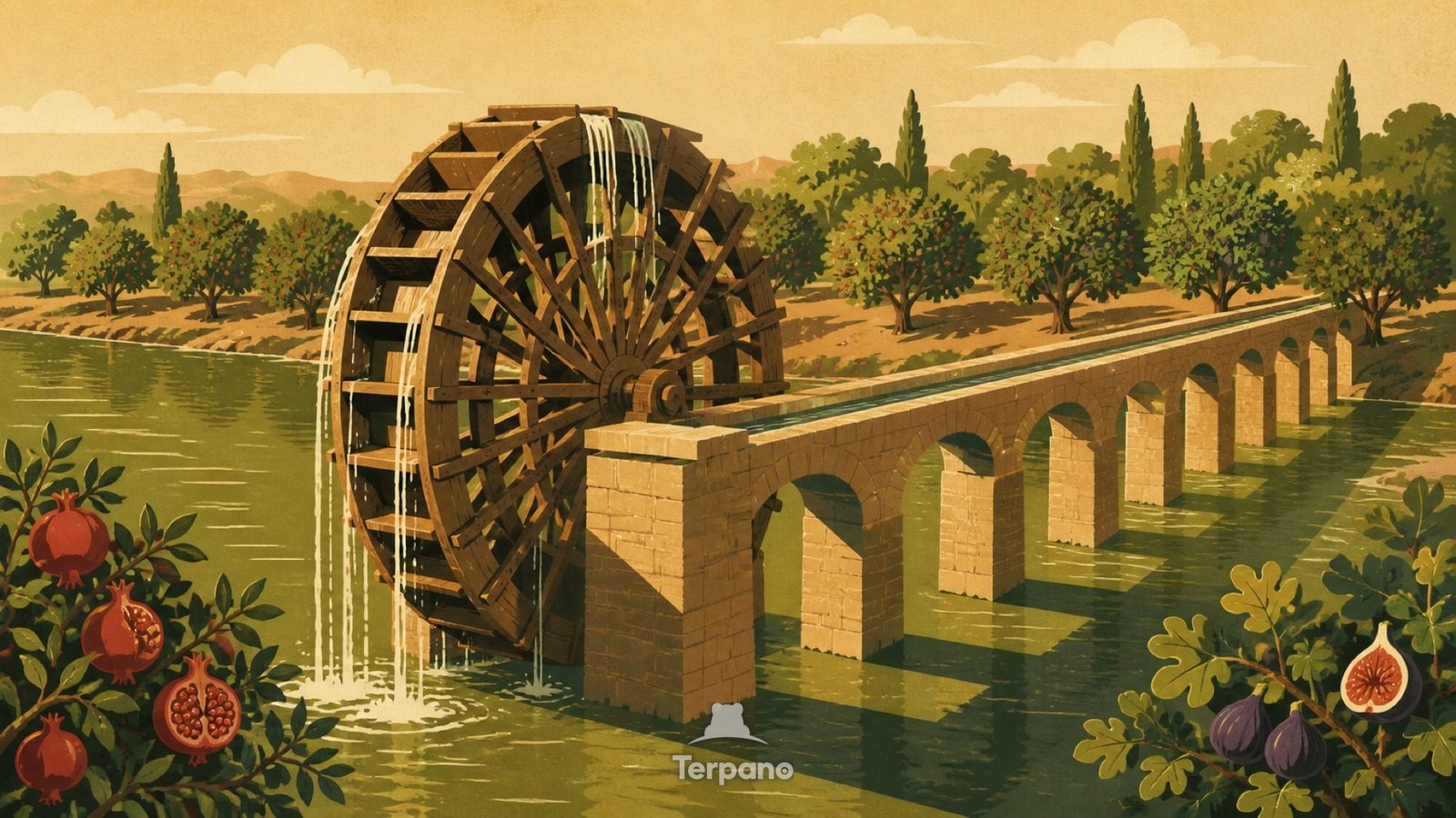 Giant Waterwheels — original illustration of Orontes Valley, Syria